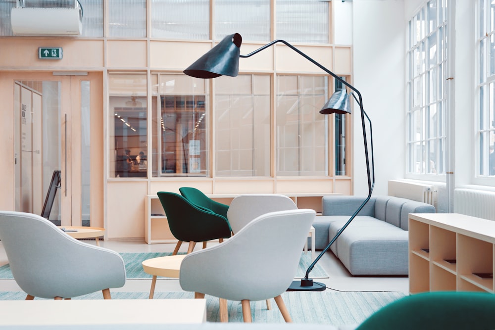 A calm office interior with warm wood