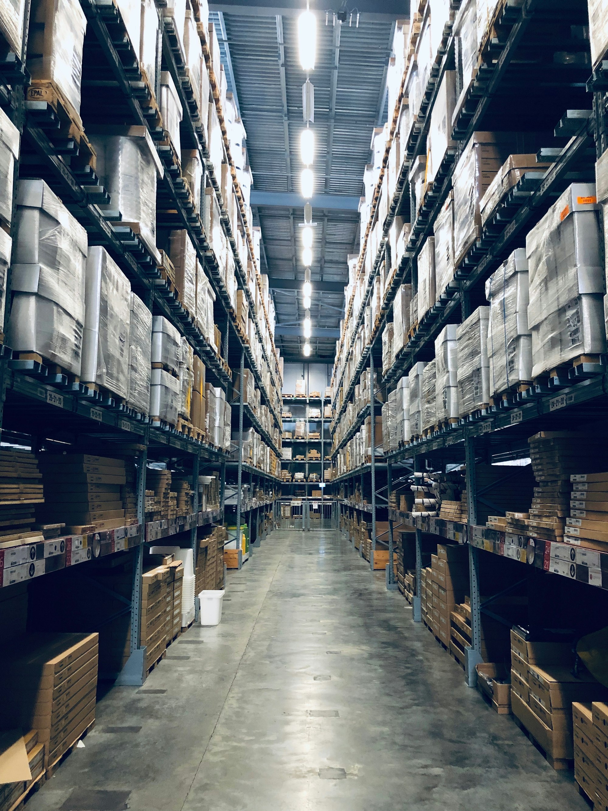 Automated distribution warehouse at night
