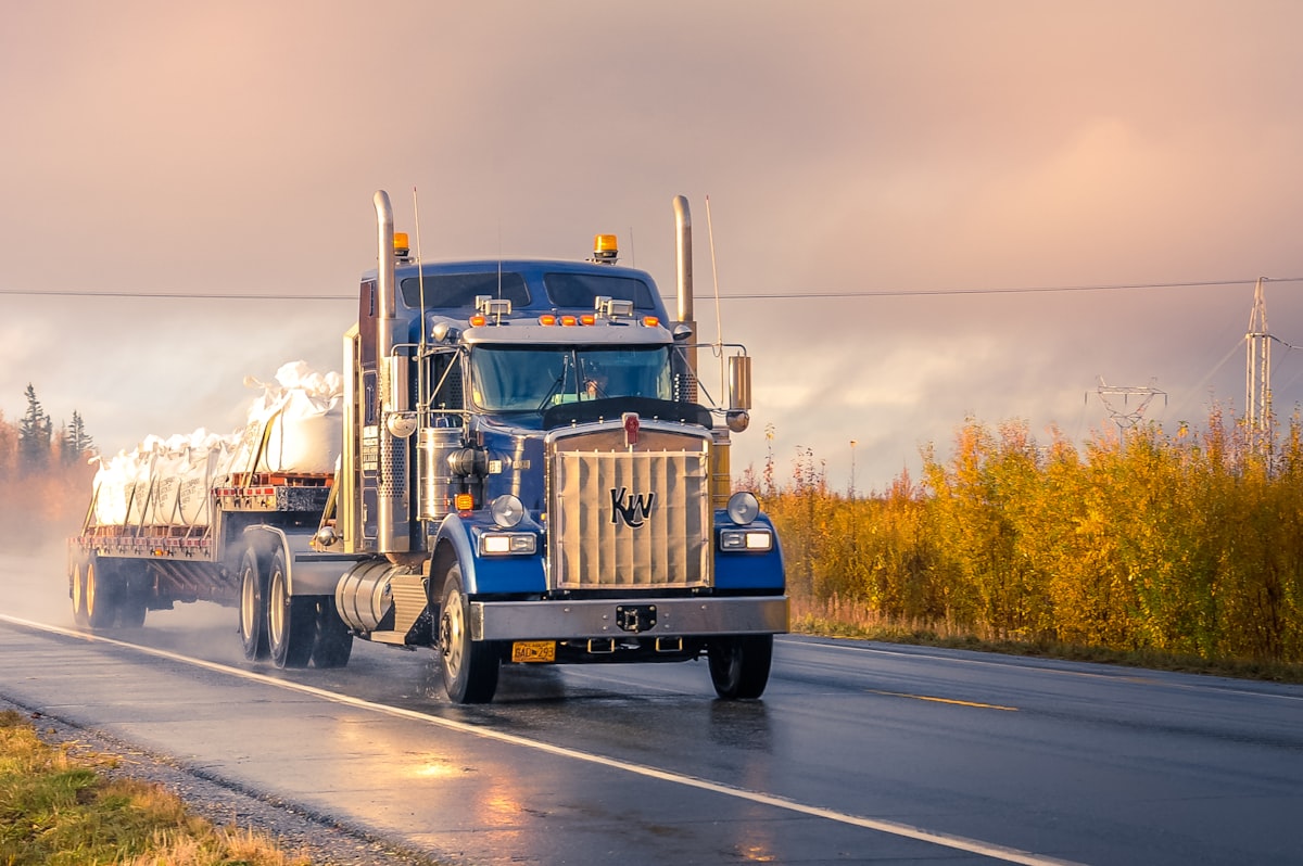 Semi truck on a wet highway