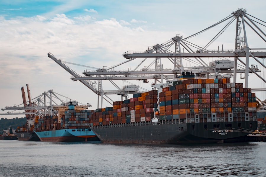 Gantry cranes loading a container ship