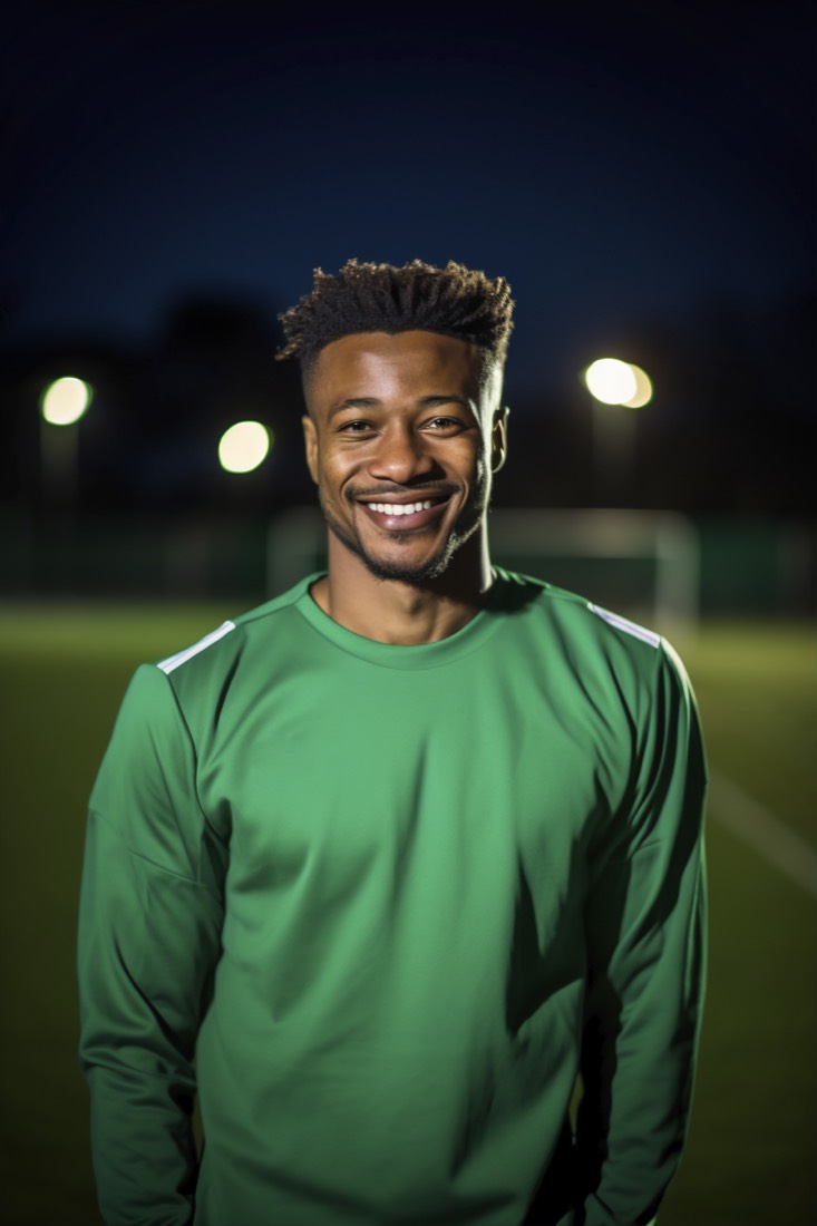 Smiling soccer coach standing on the field